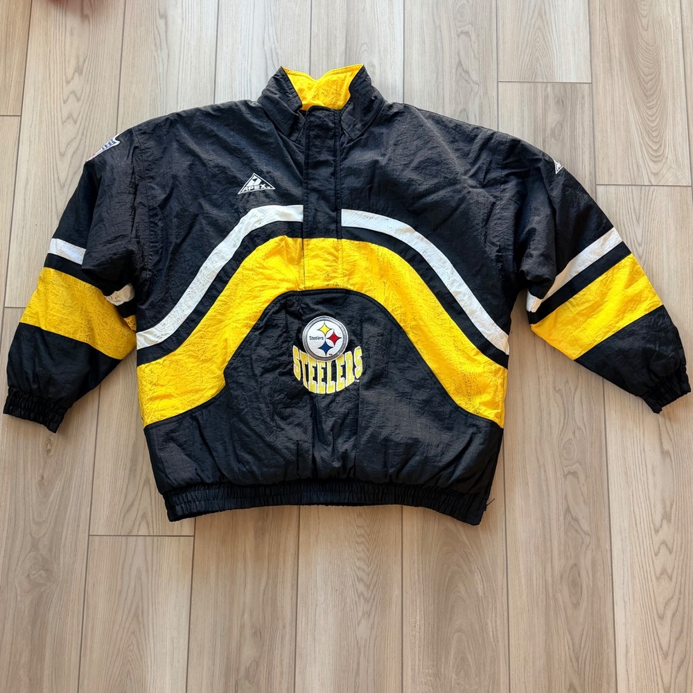 Vintage Apex One Pittsburgh Steelers Jacket Mens XL Black Yellow Windbreaker